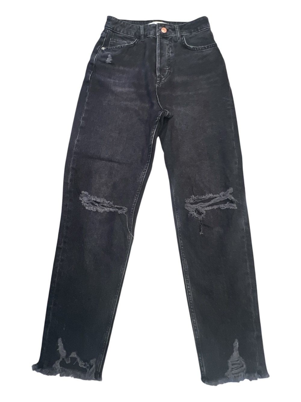 ZARA Black Distressed High Rise Straight Denim Jeans Frayed Hem Pockets - Picture 3 of 13